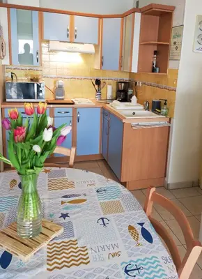 Cuisine ou kitchenette dans l'établissement Appart Bord de Mer, 6 PLaces, Plage à 250 m, Dune, Parking gratuit, Rez de Chaussée surélevé