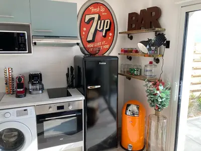 Cuisine ou kitchenette dans l'établissement Studio neuf déco vintage face mer,terrasse ,jardin,wifi,parking sous-sol
