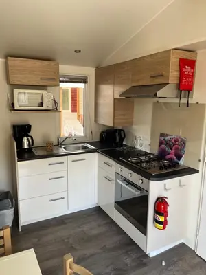 Cuisine ou kitchenette dans l'établissement Location mobil home saison 2023