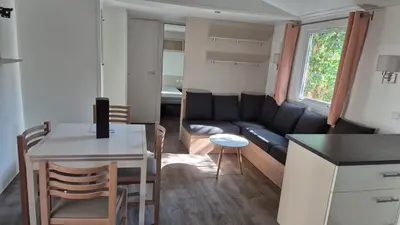 Coin salon dans l'établissement Superbe Mobil home 6-8 personnes (57)