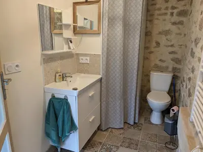 Salle de bains dans l'établissement Maison de Vacances 12min du Puy du fou grand studio